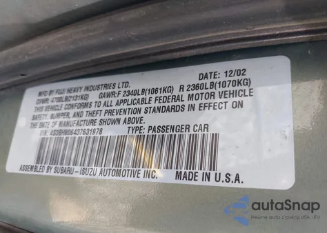 2003 Subaru Outback H6-3.0 L.l. Bean Edition из США, поврежденный, VIN 4S3BH806437631978